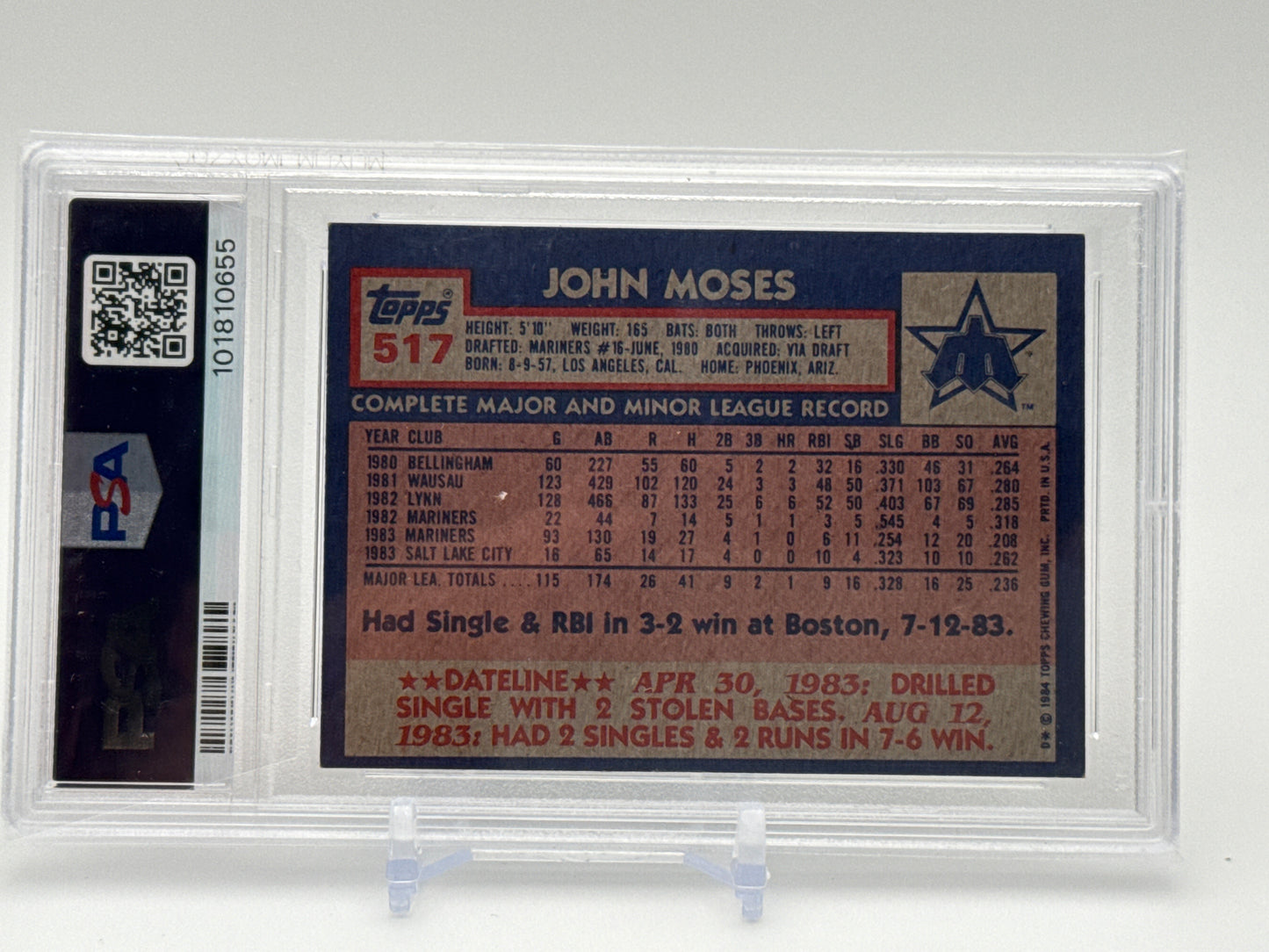 JOHN MOSES SEATTLE MARINERS 1984 TOPPS #517 PSA 7