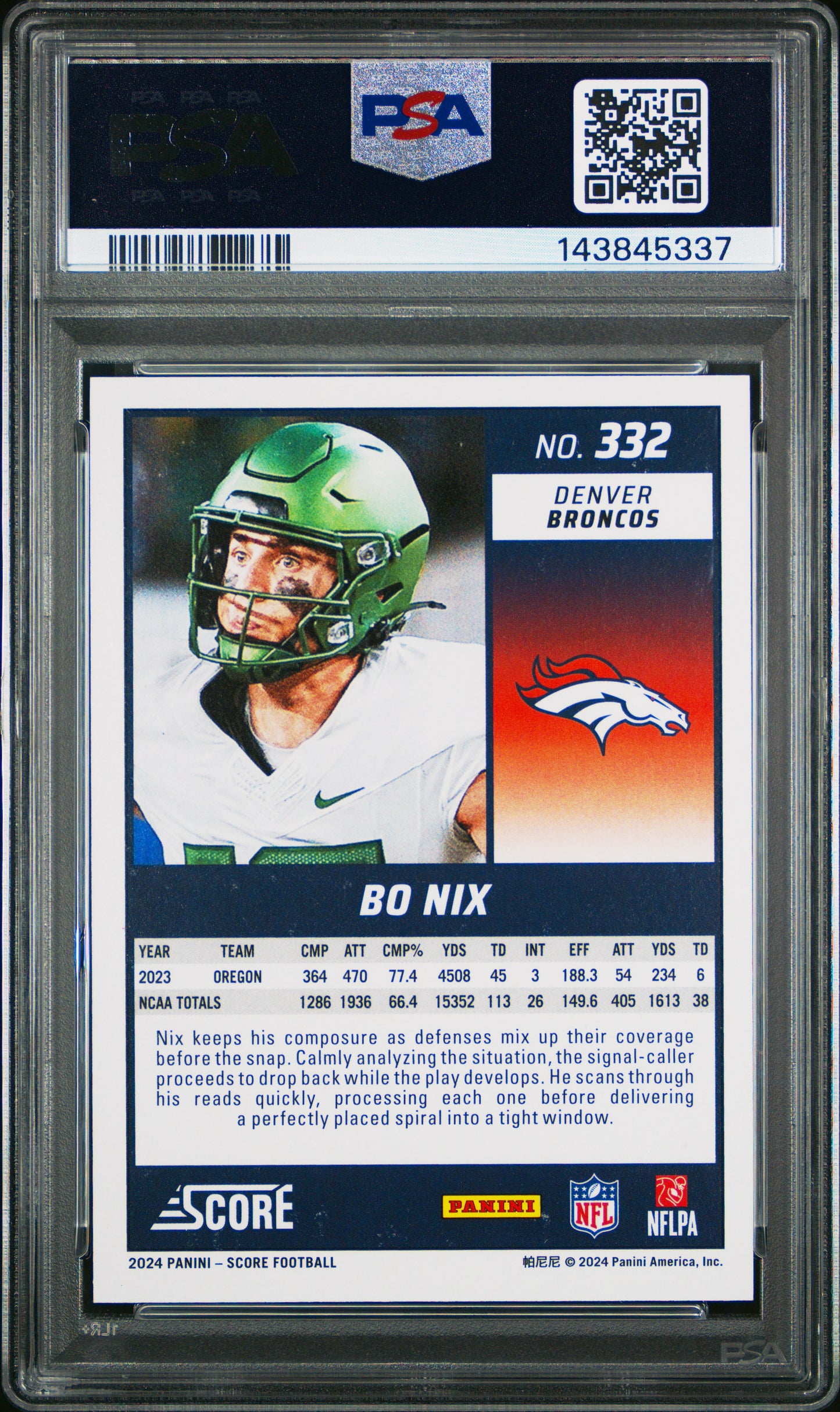 2024 Panini Score - Bo Nix #332 Rookie Ellipse /299 (RC) PSA 9