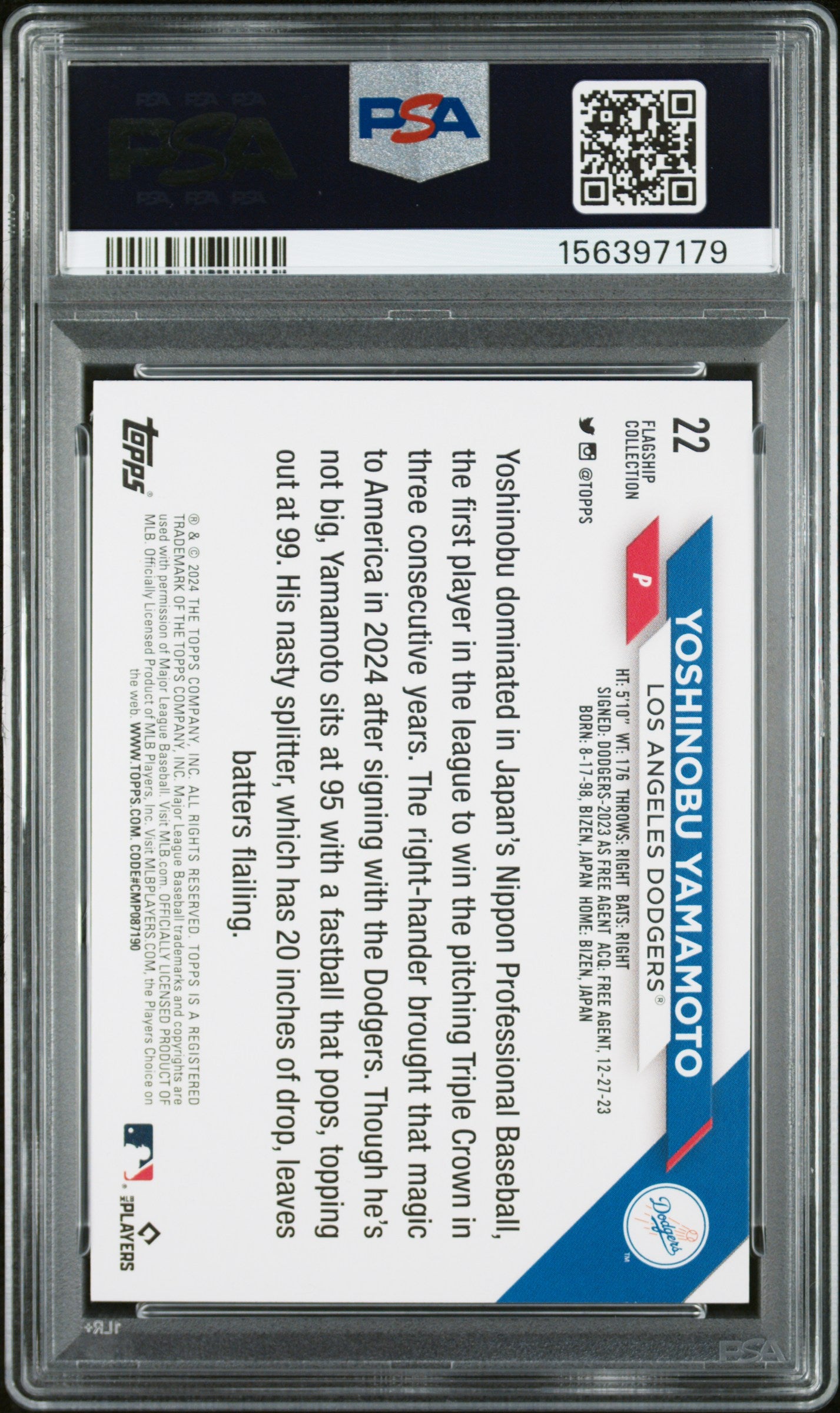 2024 Topps Flagship Collection Yoshinobu Yamamoto Rookie Card (RC) #22 - PSA 9!!