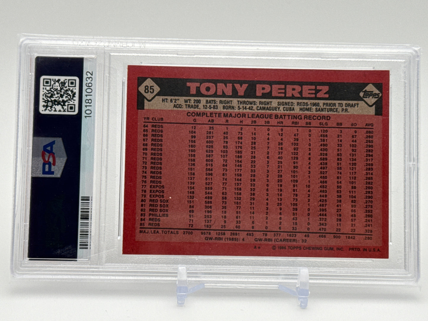 TONY PEREZ CINCINNATI REDS 1986 TOPPS #85 PSA 8