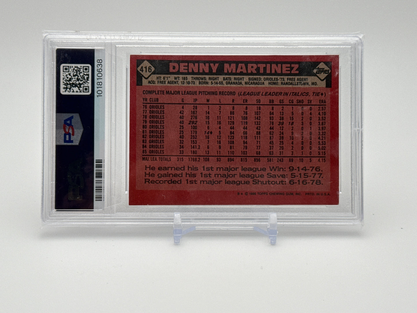 DENNY MARTINEZ BALTIMORE ORIOLES 1986 TOPPS #416 PSA 8