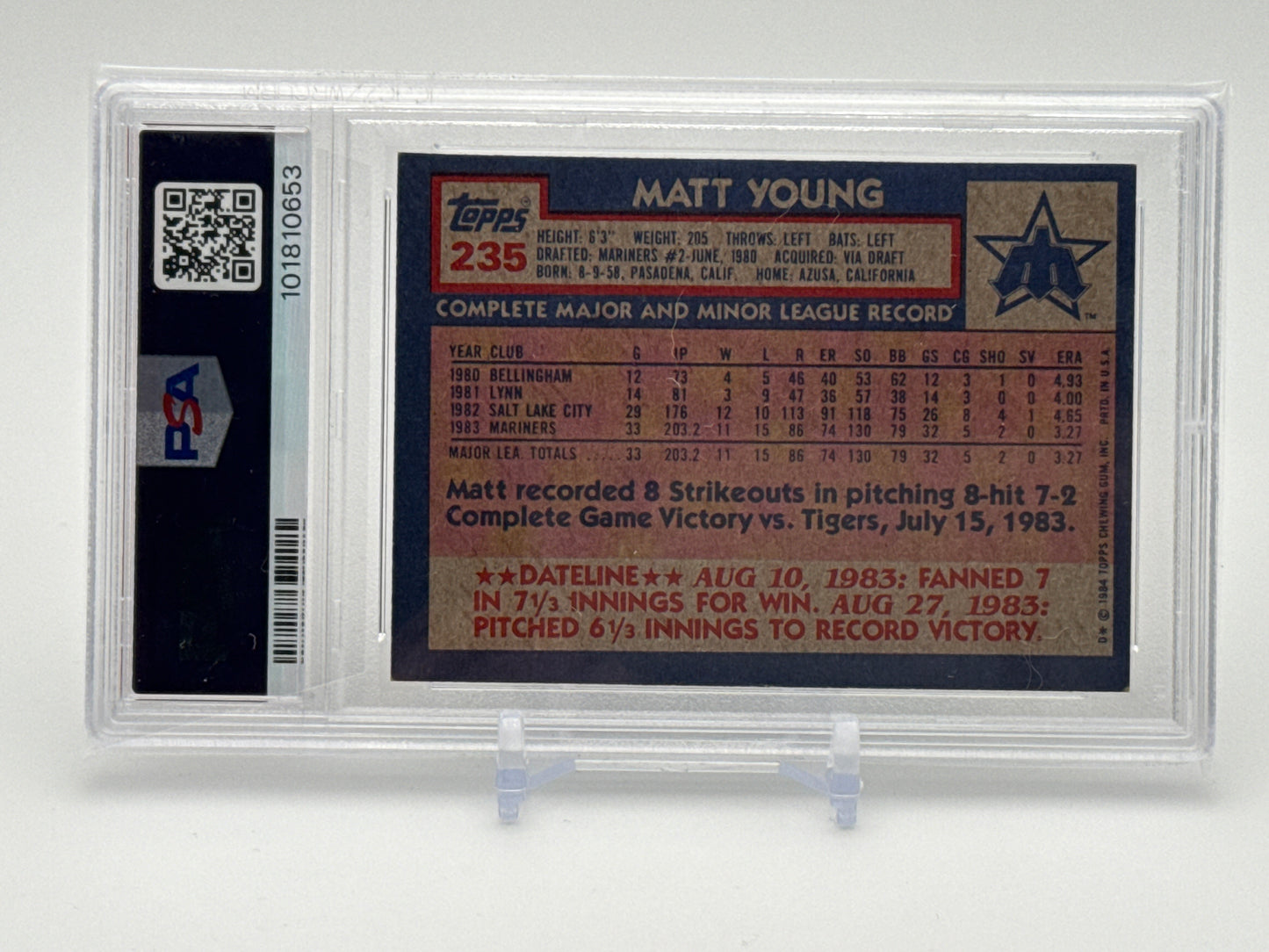 MATT YOUNG SEATTLE MARINERS 1984 TOPPS #235 PSA 6