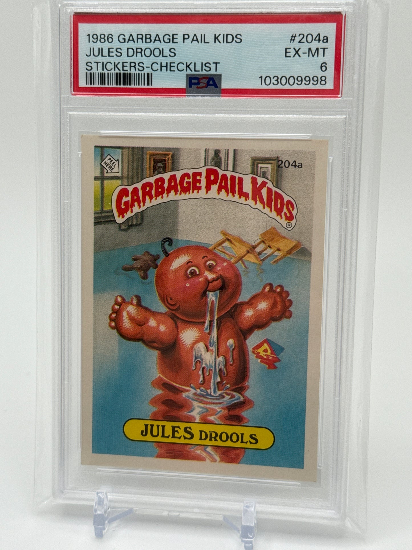 JULES DROOLS (CHECKLIST BACK) - GARBAGE PAIL KIDS STICKERS #204a SERIES 5 PSA 6