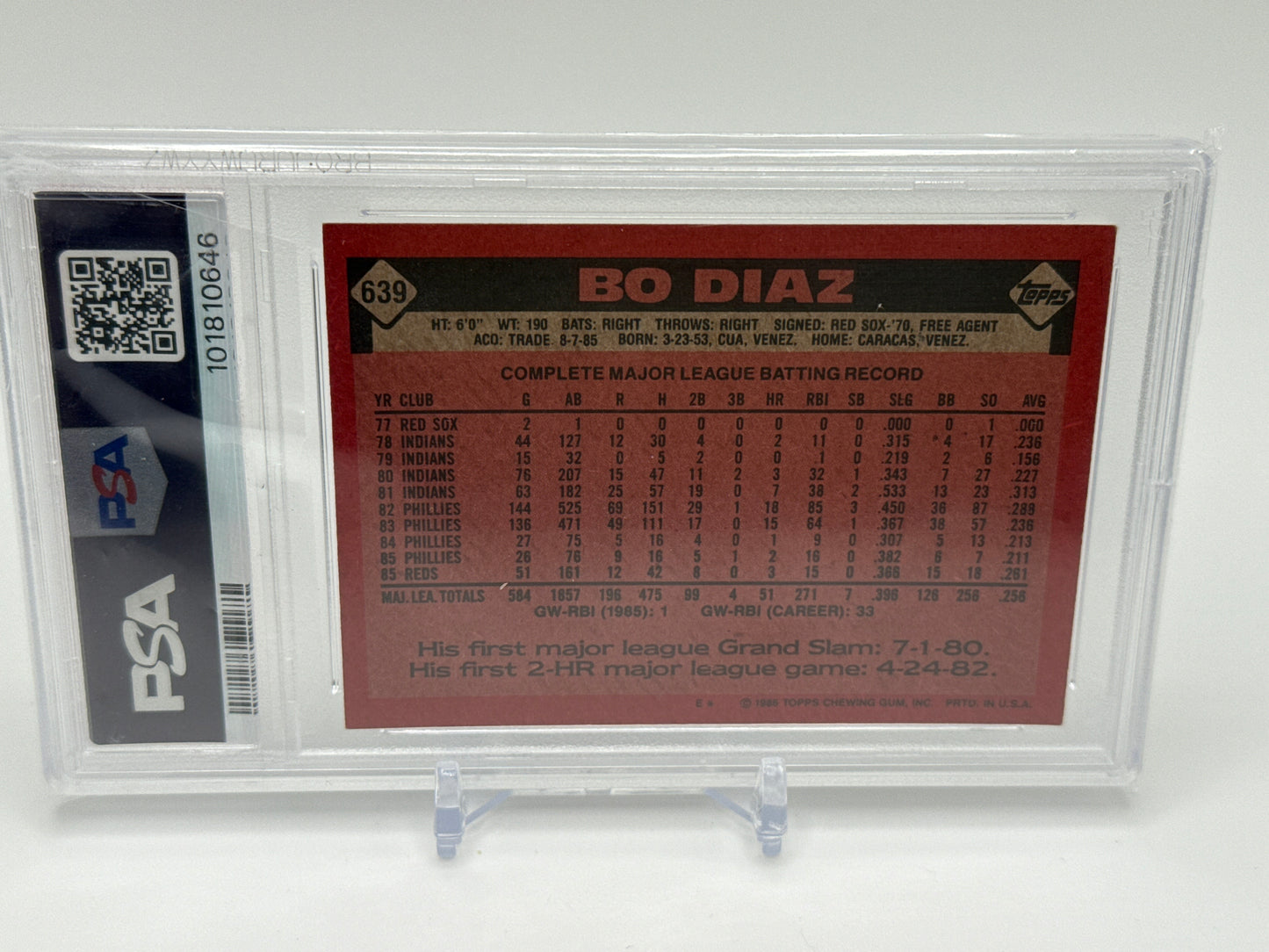 BO DIAZ CINCINNATI 1986 TOPPS #639 PSA 6