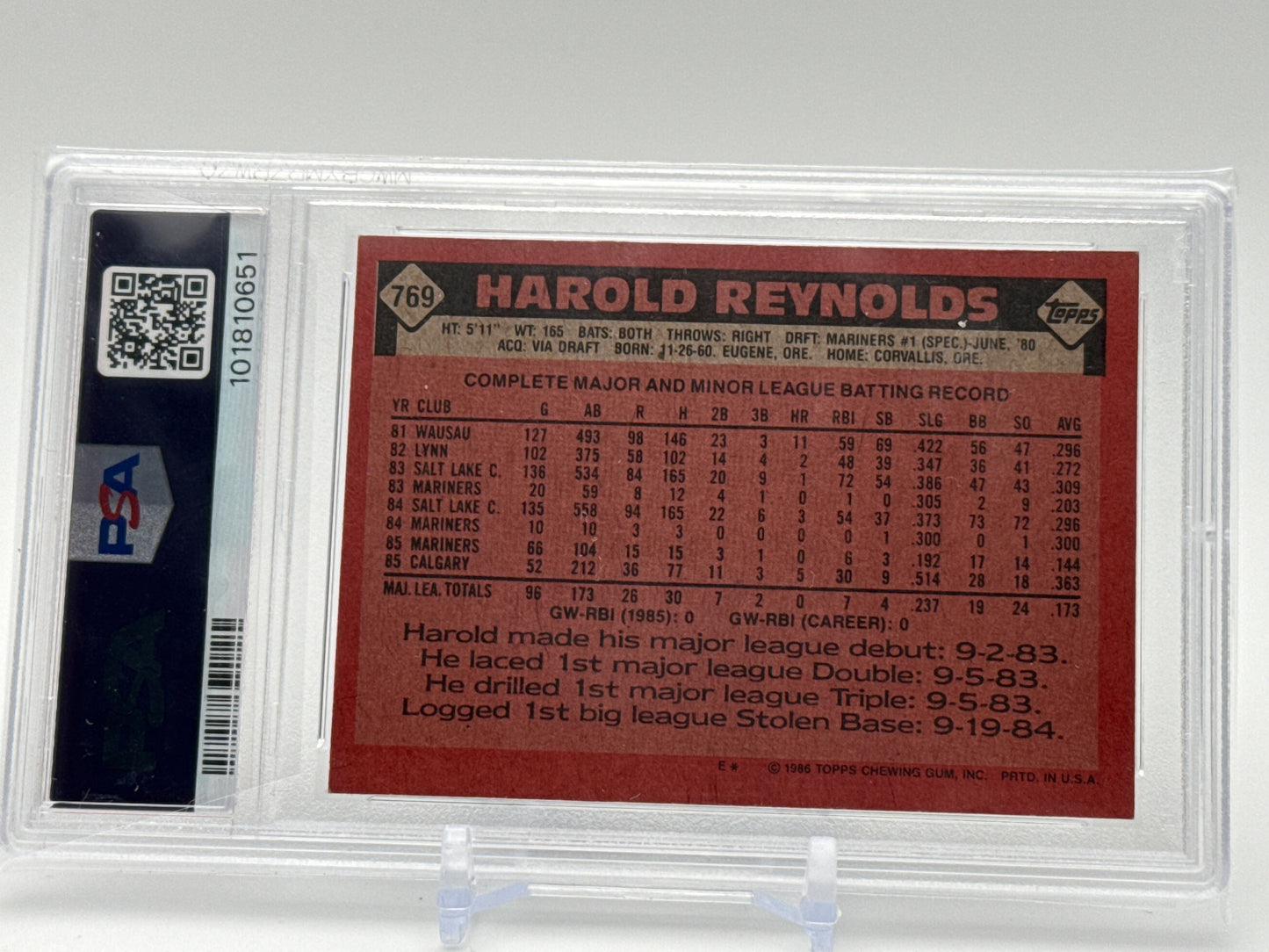 HAROLD REYNOLDS SEATTLE MARINERS 1986 TOPPS #769 PSA 7