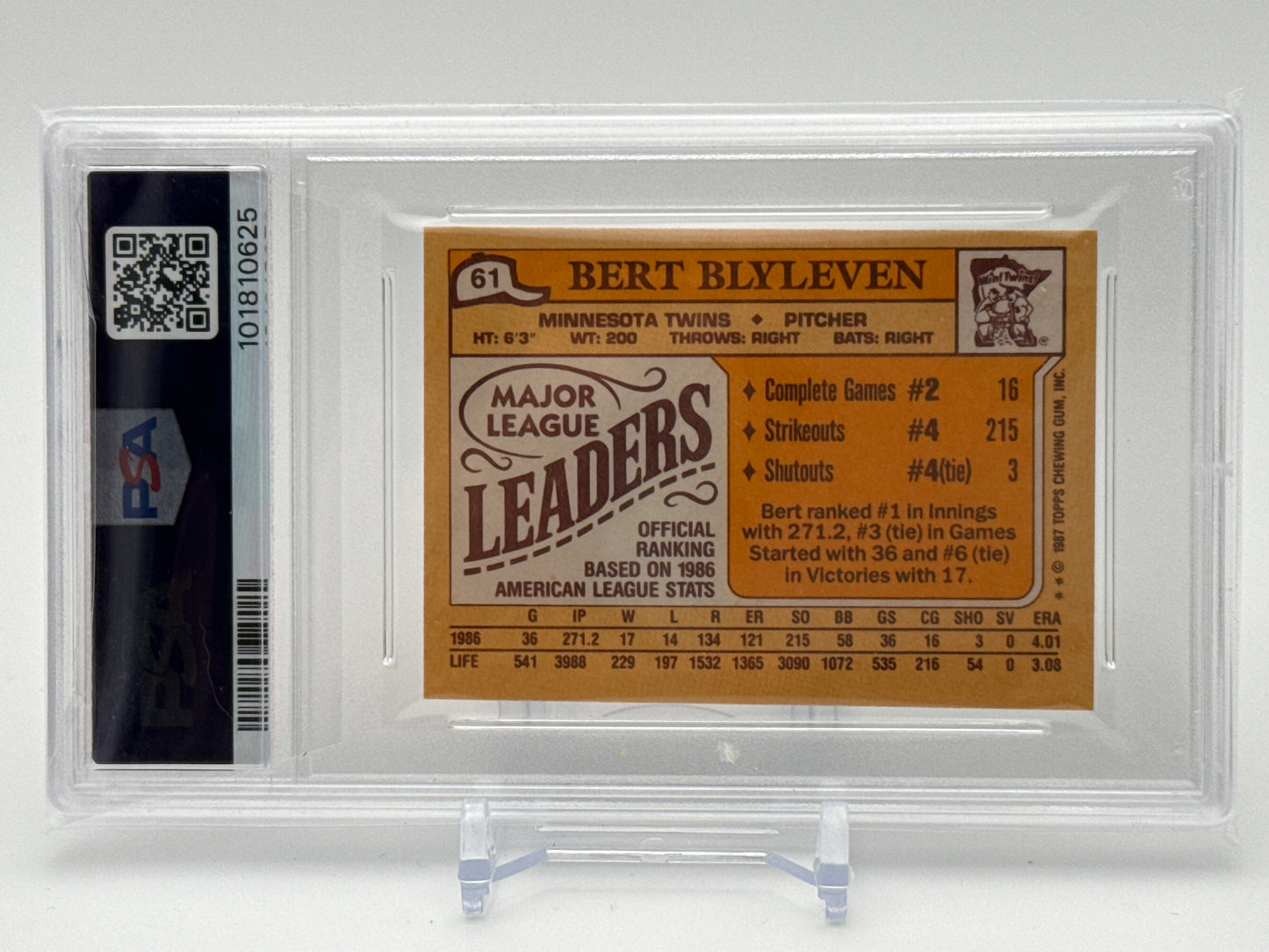 BERT BLYLEVEN MINNESOTA TWINS 1987 TOPPS MINI LEAGUE LEADERS #61 PSA 8