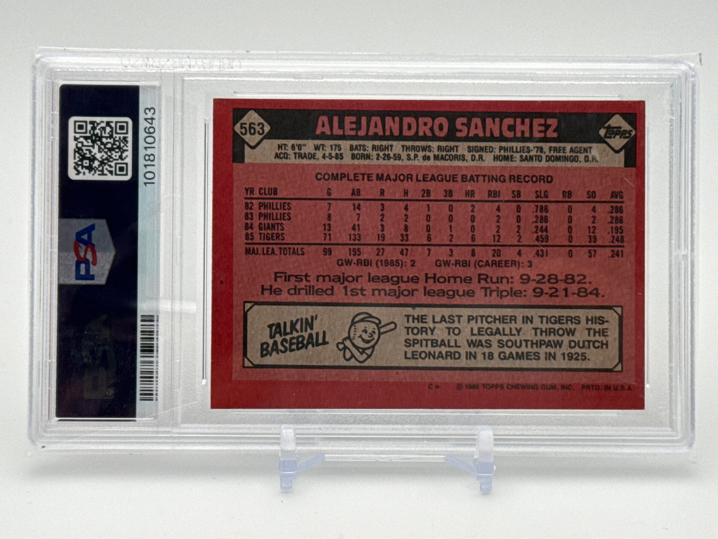 ALEJANDRO SANCHEZ DETRIOT TIGERS 1986 TOPPS #563 PSA 8