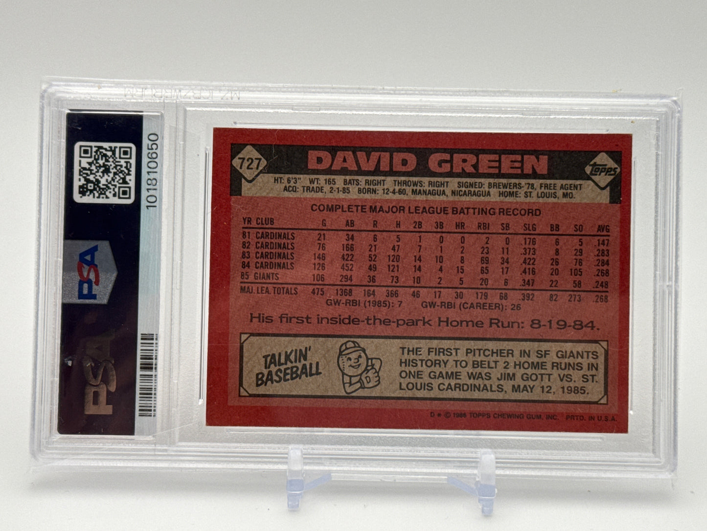 DAVID GREEN NEW YORK GIANTS 1986 TOPPS #727 PSA 7