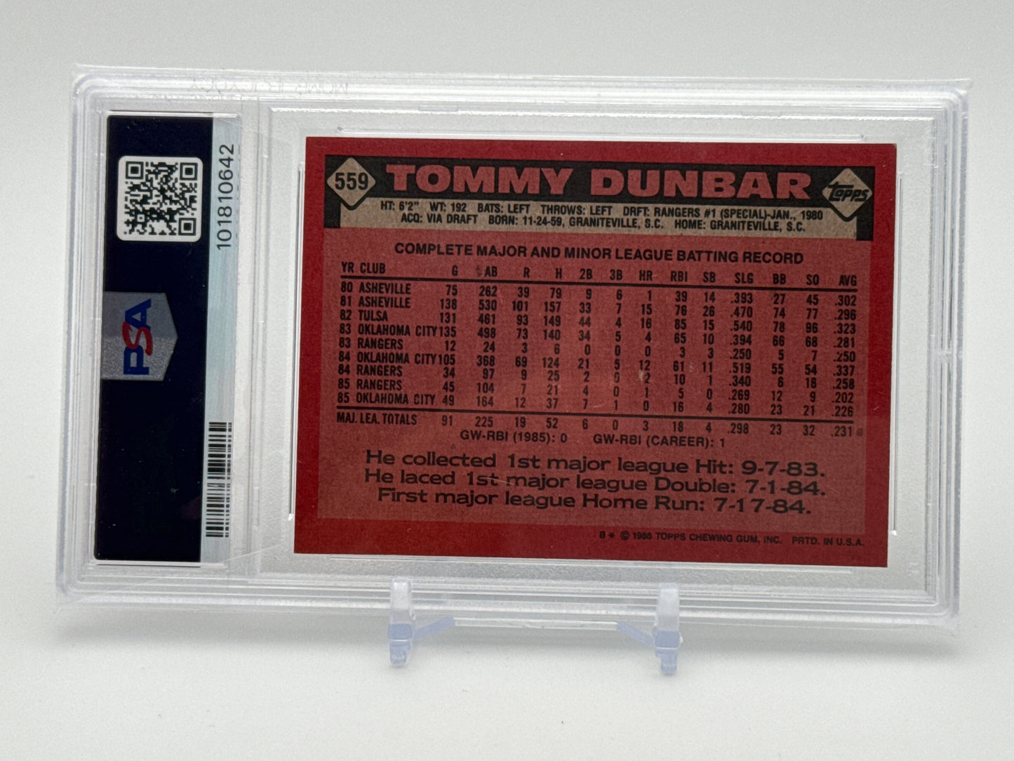 TOMMY DUNBAR NEW YORK RANGERS 1986 TOPPS #559 PSA 7