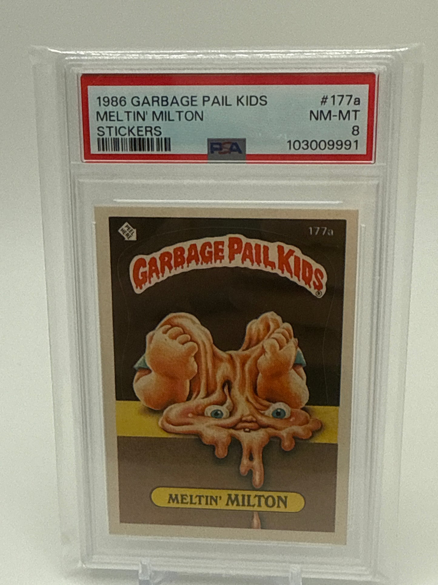 MELTON MILTON - GARBAGE PAIL KIDS STICKERS #177a 1986 SERIES 4 PSA 8