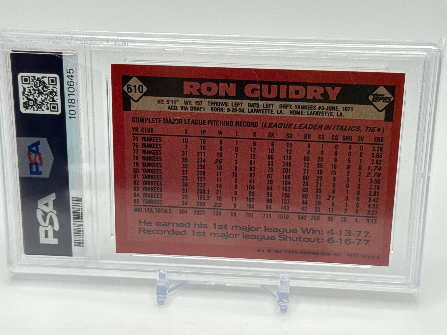 RON GUIDRY NEW YORK YANKEES 1986 TOPPS #610 PSA 7