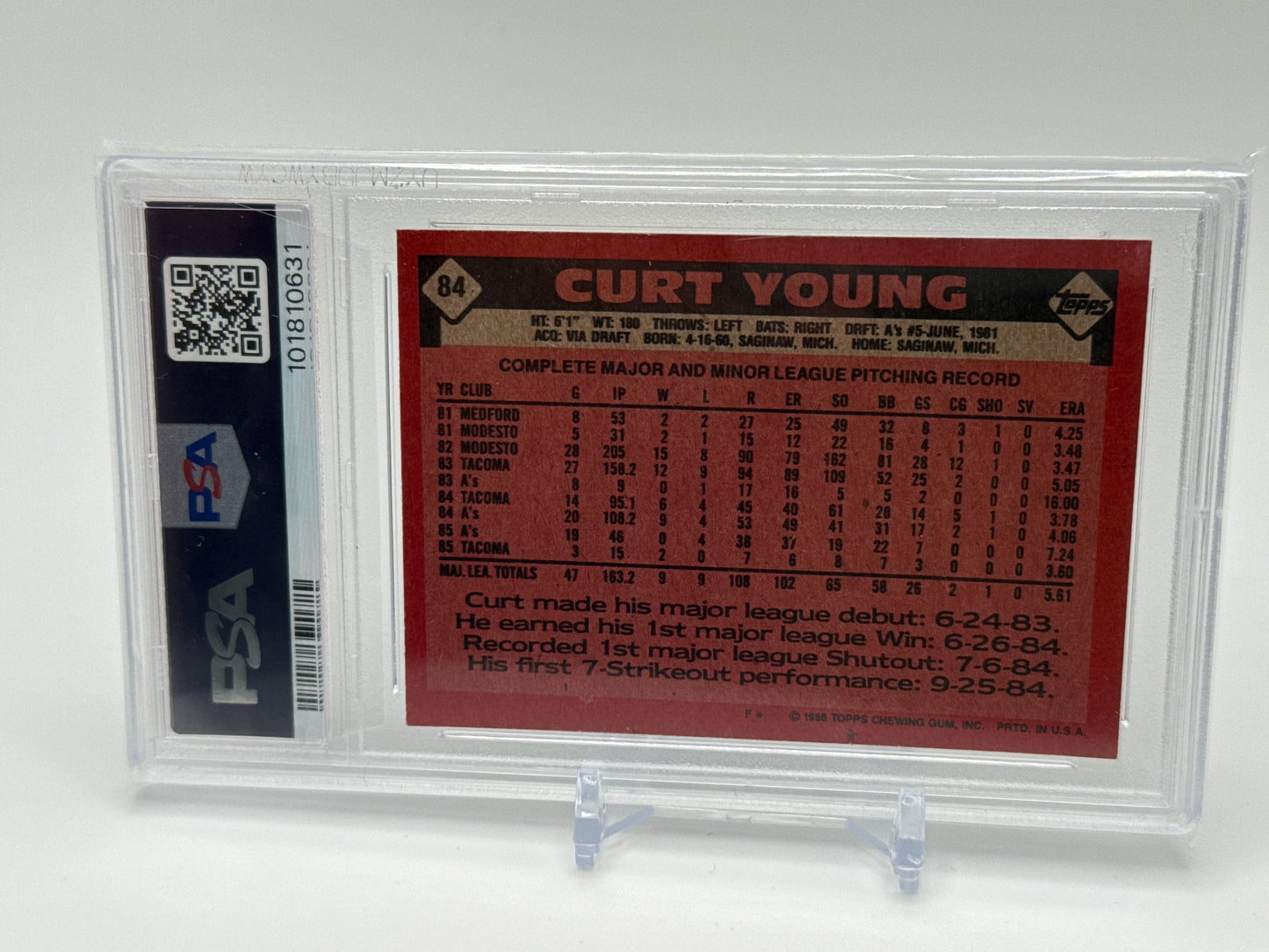 CURT YOUNG OAKLAND A'S 1986 TOPPS #84 PSA 7