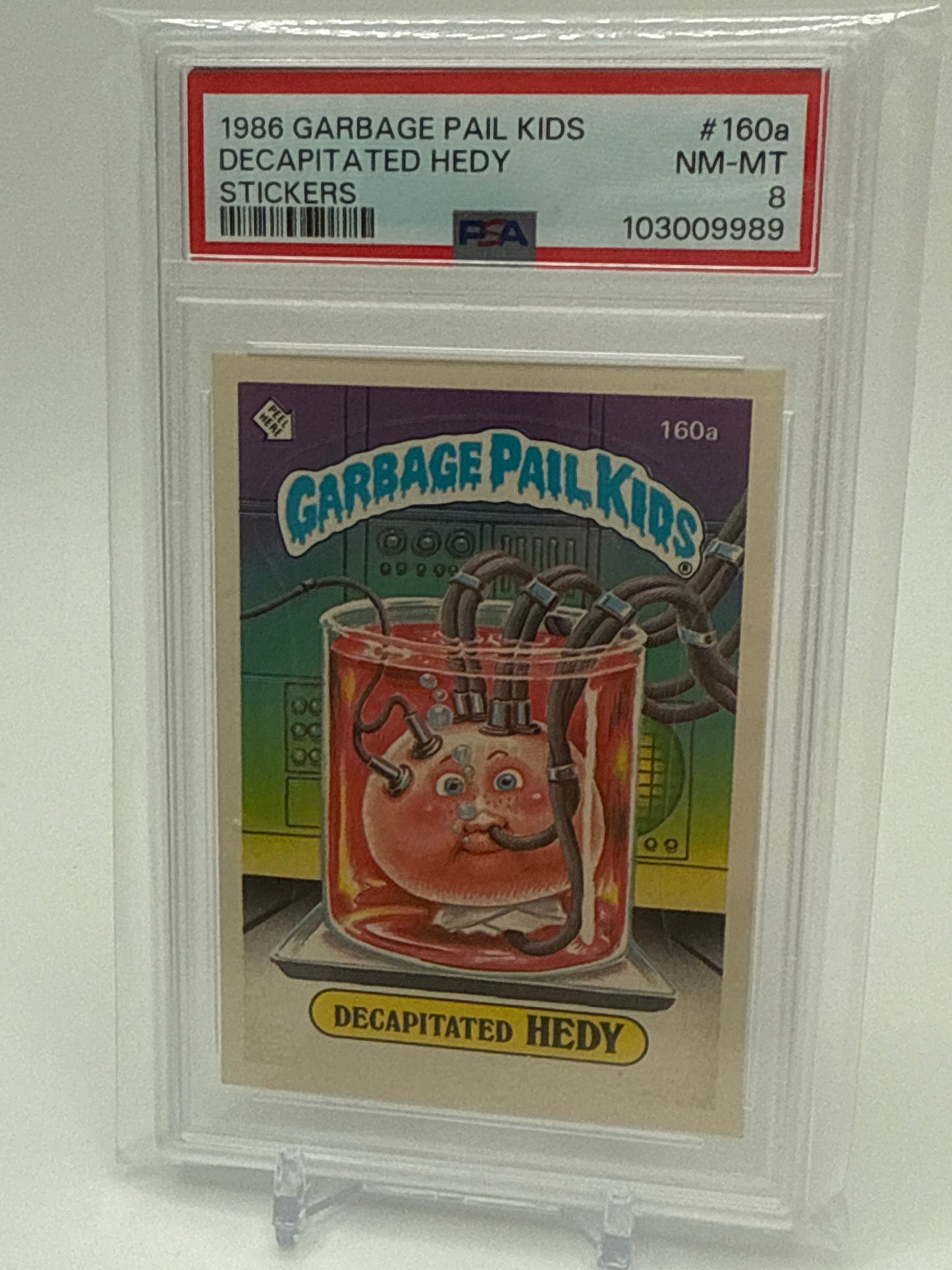 DECAPITATED HEDY - GARBAGE PAIL KIDS STICKERS #160a 1986 SERIES 4 PSA 8