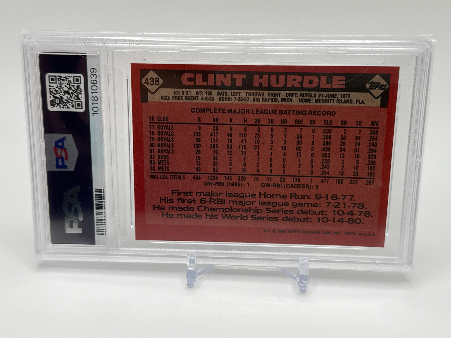 CLINT HURDLE NEW YORK METS 1986 TOPPS #438 PSA 7