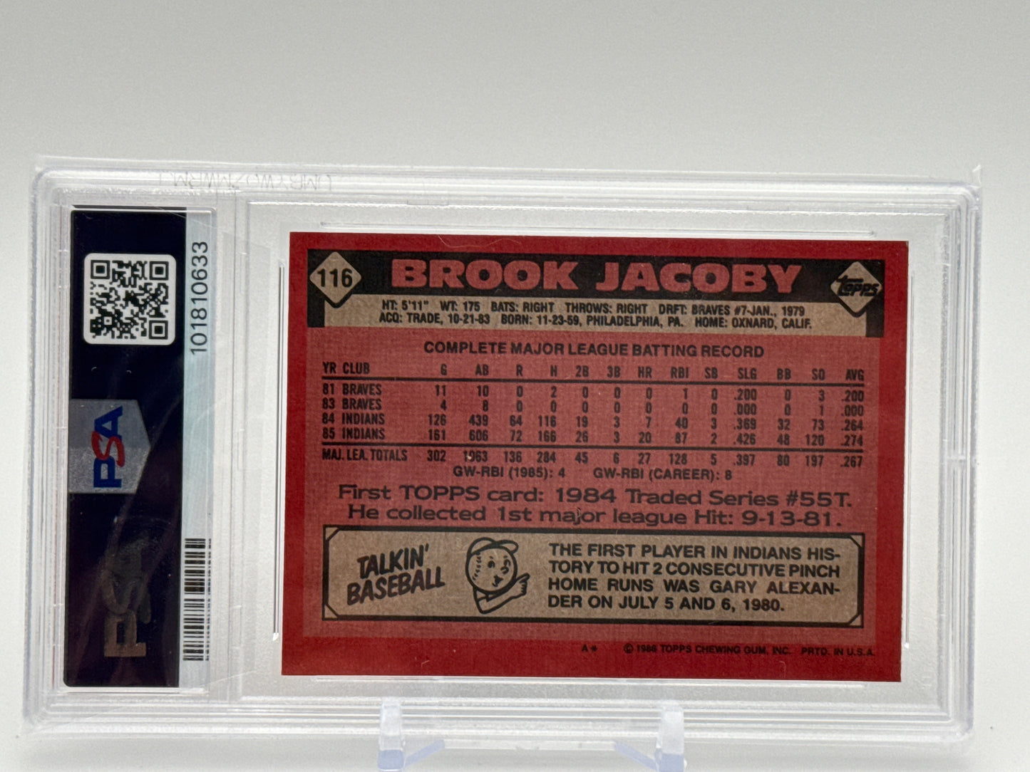 BROOK JACOBY CLEAVELAND INDIANS 1986 TOPPS #116 PSA 7