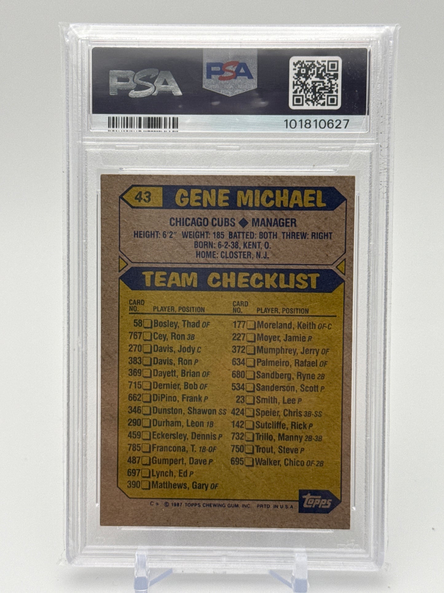 GENE MICHAEL CHICAGO CUBS 1987 TOPPS #43 PSA 7