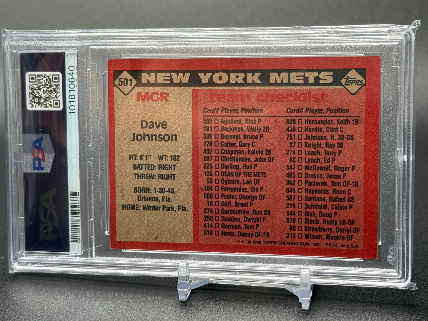 DAVE JOHNSON NEW YORK METS 1986 TOPPS #501 PSA 6