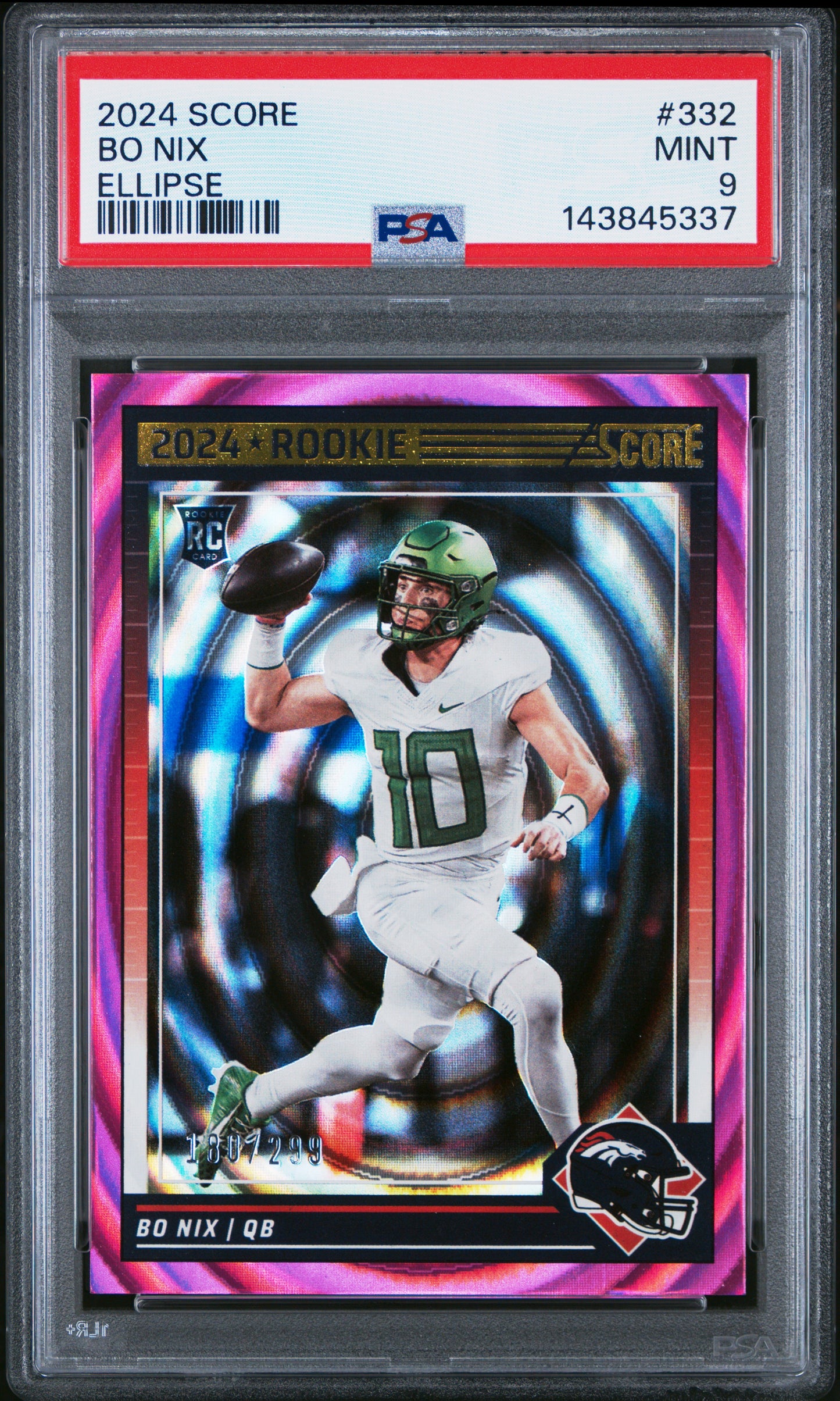 2024 Panini Score - Bo Nix #332 Rookie Ellipse /299 (RC) PSA 9