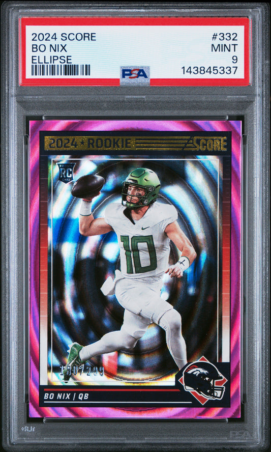 2024 Panini Score - Bo Nix #332 Rookie Ellipse /299 (RC) PSA 9