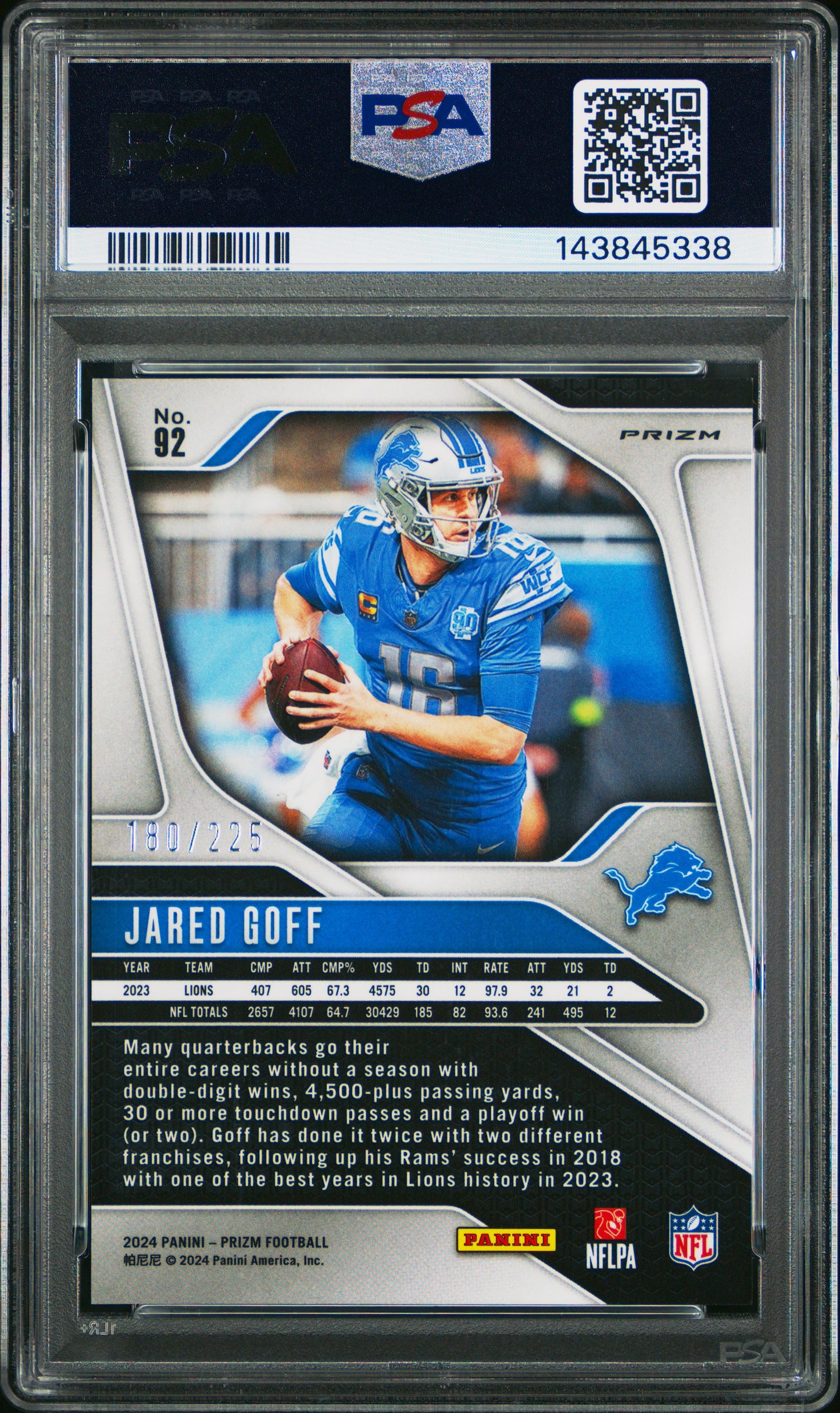 2024 Panini Prizm Jared Goff #92 Purple Ice /225 PSA 9