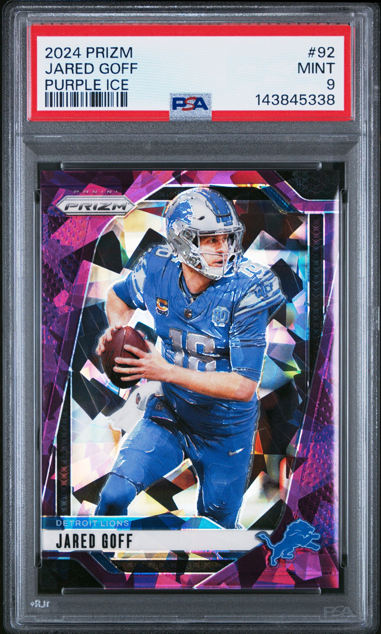 2024 Panini Prizm Jared Goff #92 Purple Ice /225 PSA 9