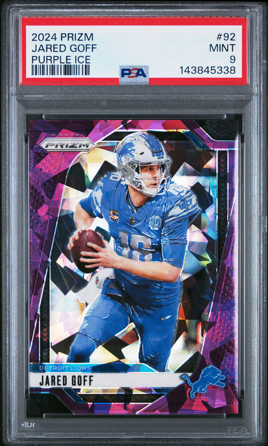 2024 Panini Prizm Jared Goff #92 Purple Ice /225 PSA 9