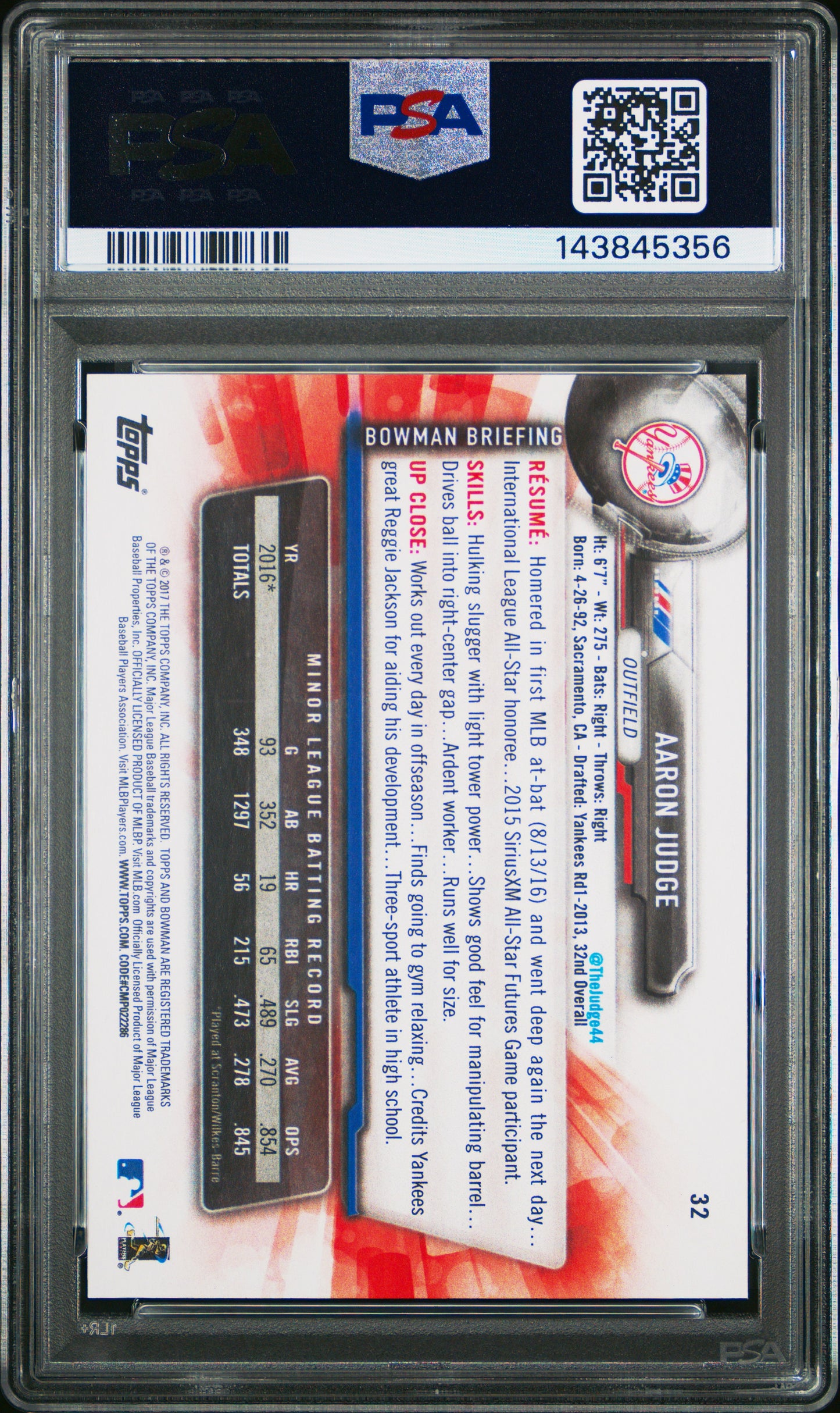 2017 Bowman #32 Aaron Judge, NY Yankees Rookie RC PSA 10