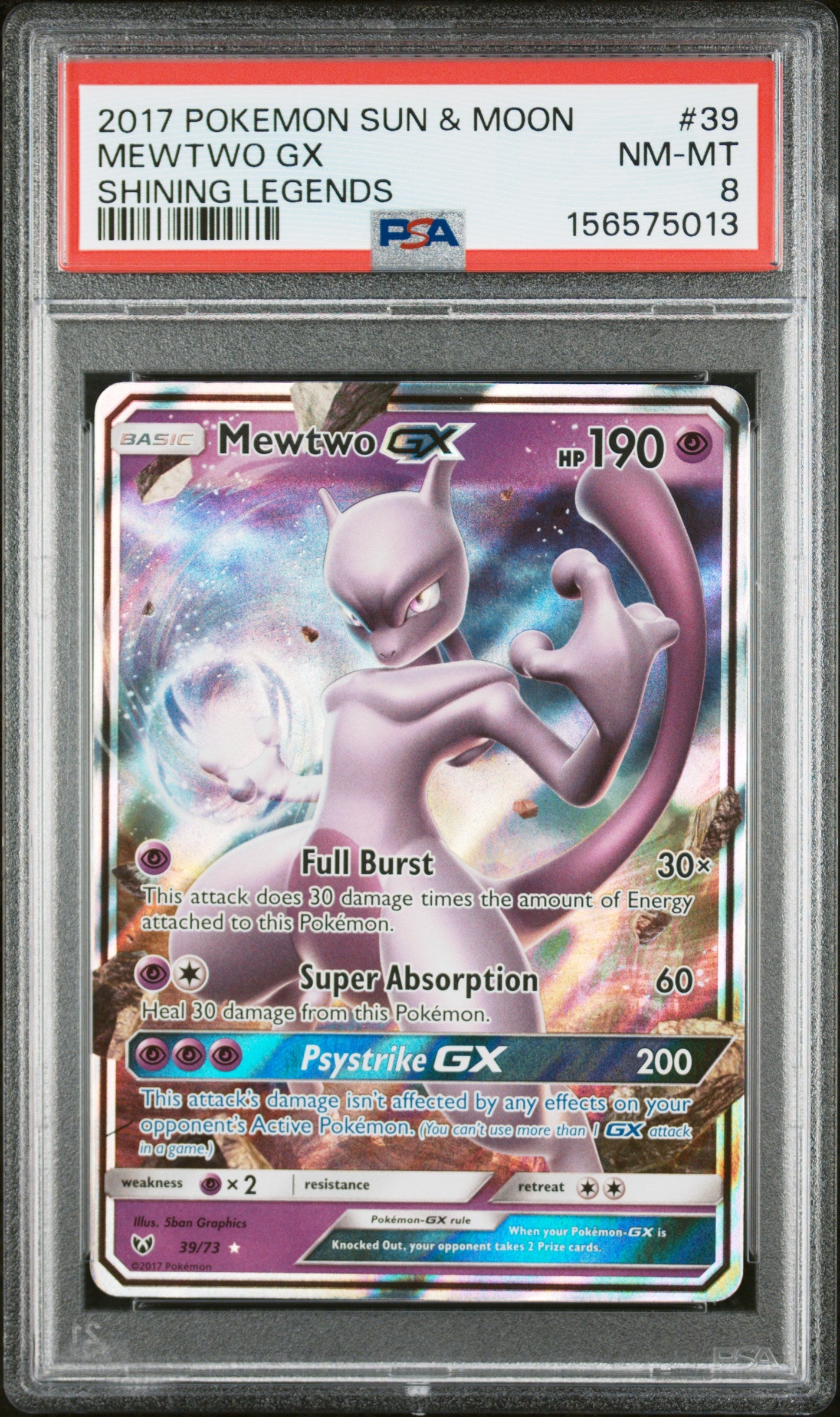 2017 POKEMON SUN & MOON SHINING LEGENDS #39 MEWTWO GX PSA 8