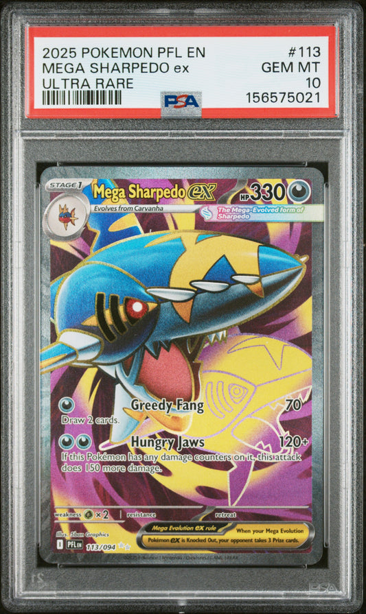 2025 POKEMON PHANTASMAL FLAMES 113 MEGA SHARPEDO EX SECRET ULTRA RARE PSA 10!💎