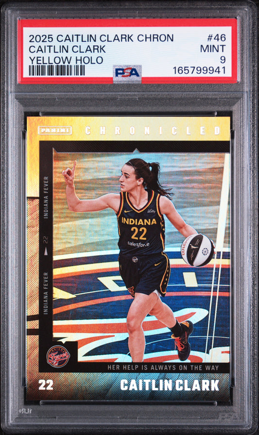 2025 PANINI CAITLIN CLARK CHRONICLED 46 CAITLIN CLARK YELLOW HOLO PSA 9