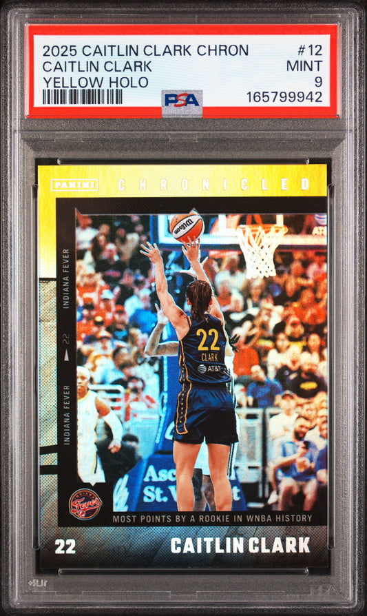 2025 PANINI CAITLIN CLARK CHRONICLED 12 CAITLIN CLARK YELLOW HOLO PSA 9