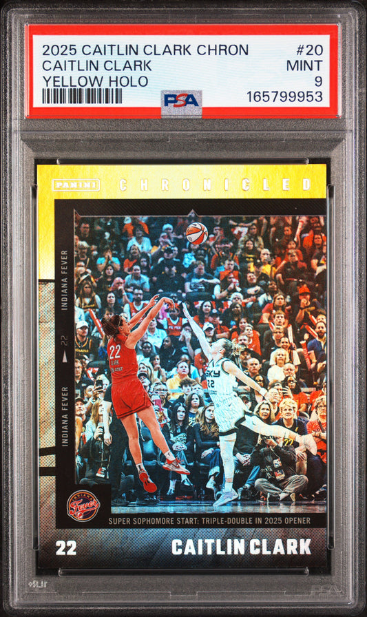 2025 PANINI CAITLIN CLARK CHRONICLED YELLOW HOLO #20 CAITLIN CLARK PSA 9
