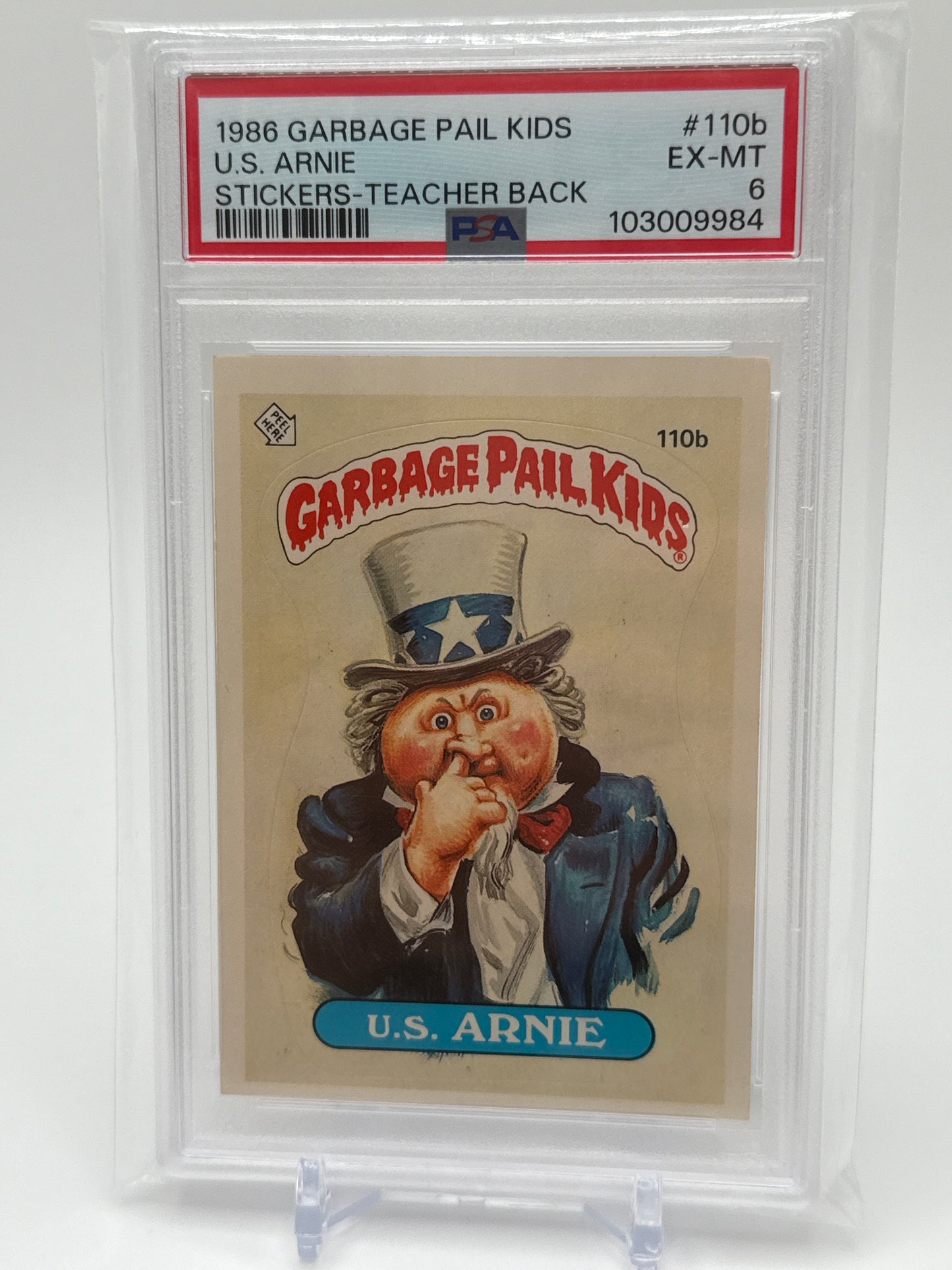 U.S.ARNIE (TEACHER BACK) - GARBAGE PAIL KIDS STICKERS #110b  1986 SERIES 3 PSA 6