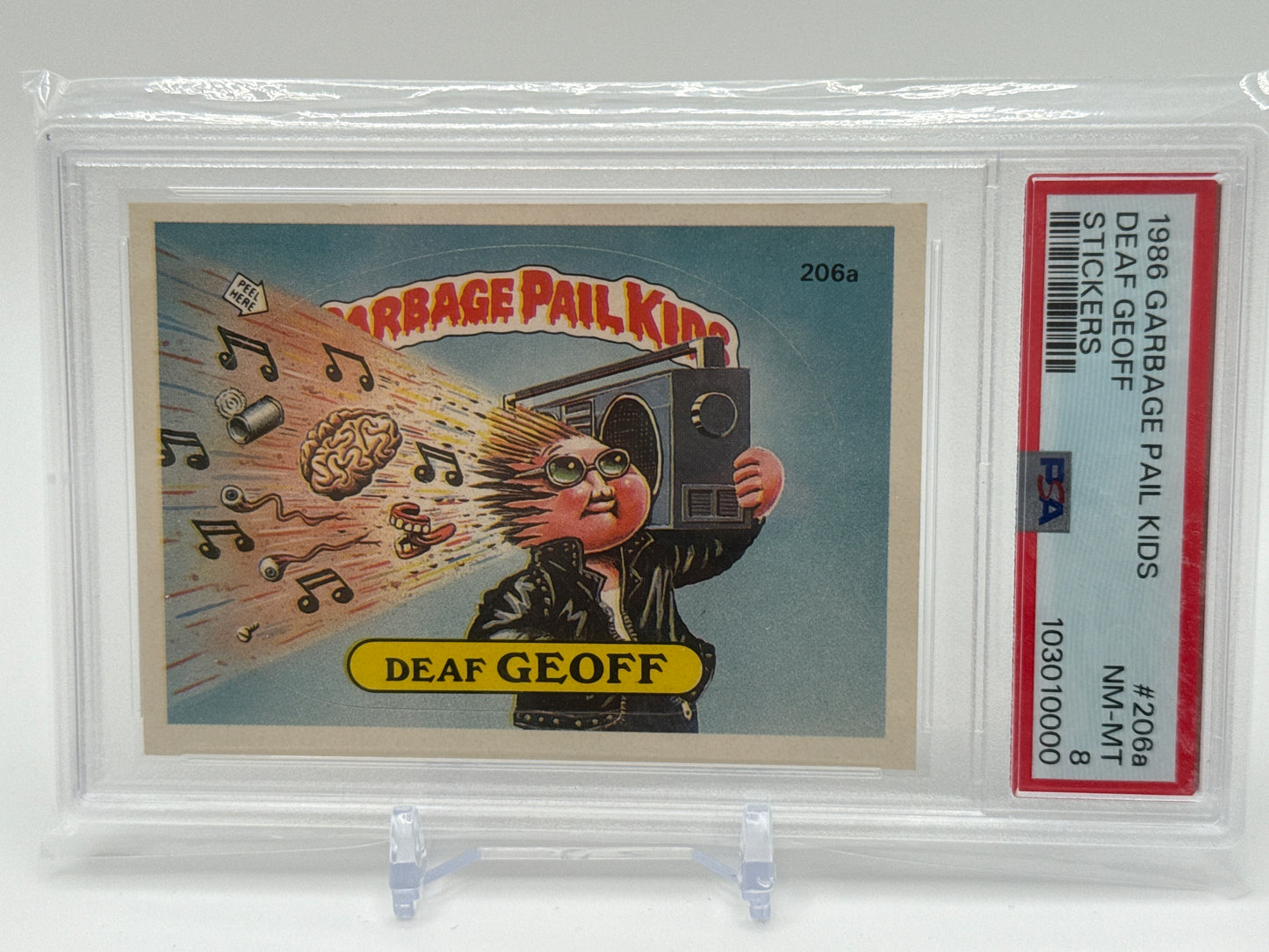 DEAF GEOFF - GARBAGE PAIL KIDS STICKERS #206a  1986 SERIES 5 PSA 8