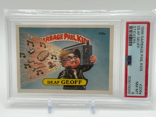 DEAF GEOFF - GARBAGE PAIL KIDS STICKERS #206a  1986 SERIES 5 PSA 8