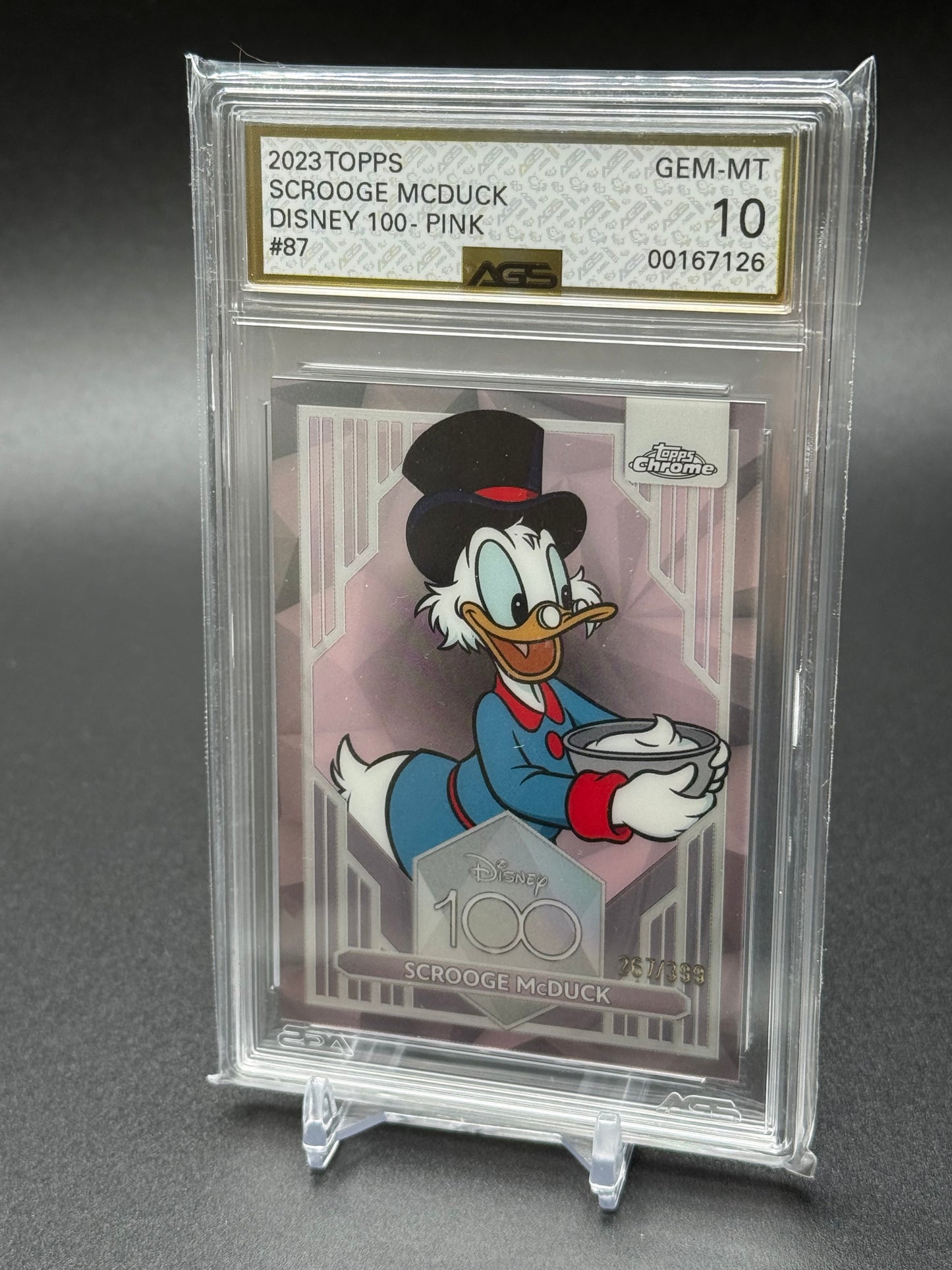 2023 Topps Chrome Disney 100 Scrooge McDuck Pink Refractor /399 AGS 10