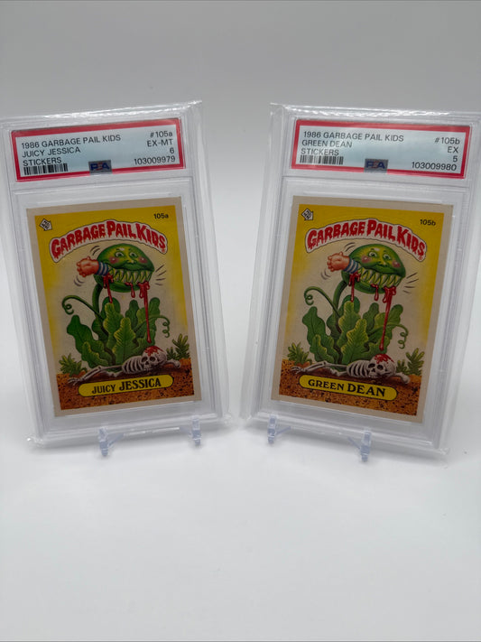 JUICY JESSICA, GREEN DEAN - GARBAGE PAIL KIDS STICKERS #105a&b SERIES 3 PSA 6,5