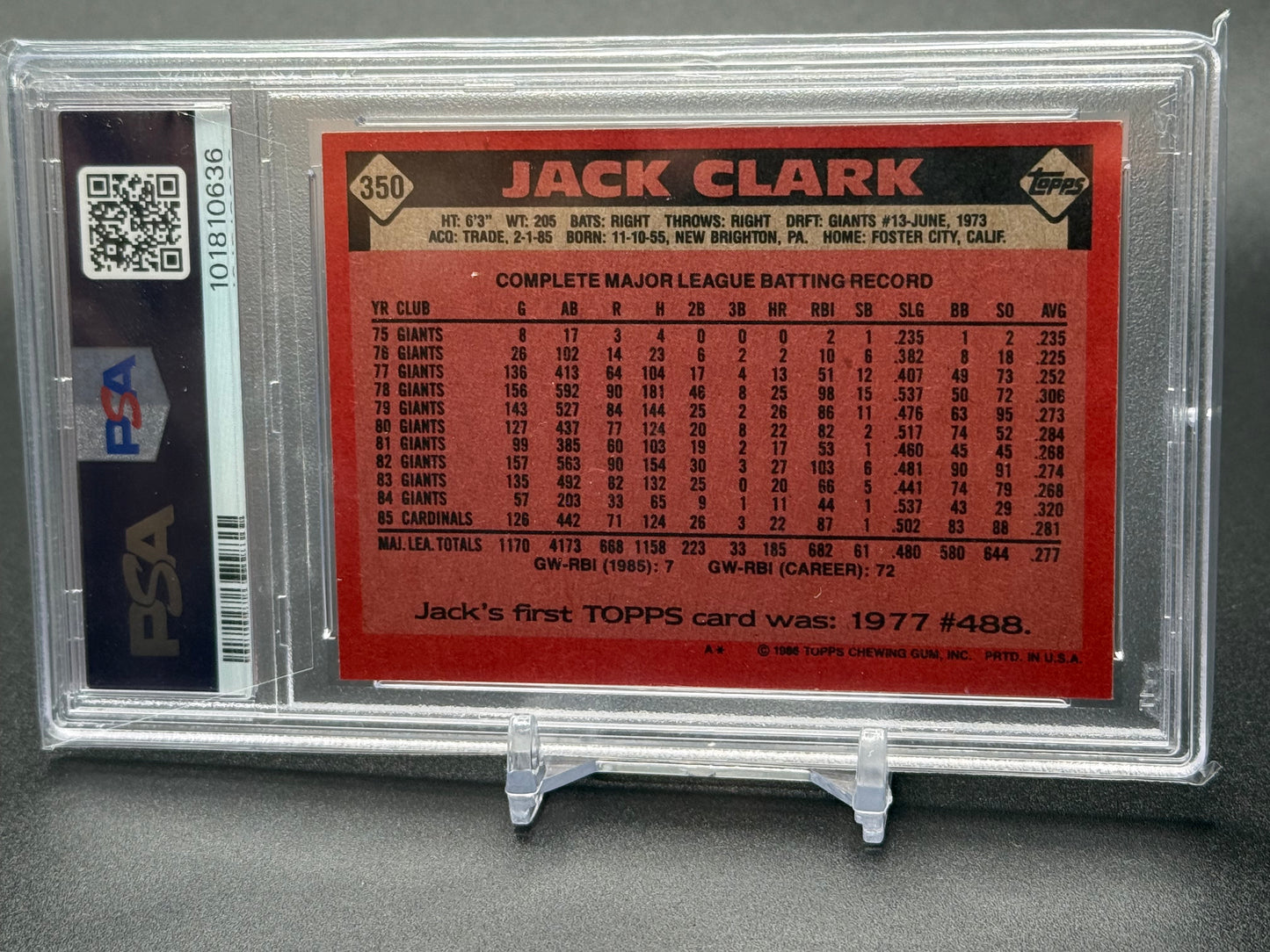 JACK CLARK, ST. LOUIS CARDINALS 1986 TOPPS #350 PSA 6